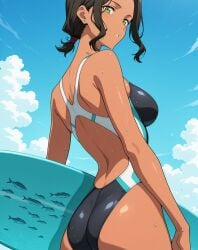 2025 ai_generated anime beach_background black_hair_female blue_earrings crunchyroll green_eyes_female holding_surfboard instagram manga meta moewaifuplus neopn_genesis_evangelion not_porn red_hairband sky_background sports_swimsuit sports_uniform sumire_nagara surfer_girl teeth_showing wet_body wet_skin wet_swimsuit