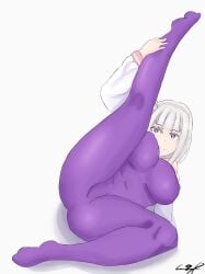 1girls bodysuit breasts_apart cep elf elf_ears elf_female emilia_(re:zero) huge_breasts large_ass leg_up lying_on_side nipple_bulge purple_eyes re:zero_kara_hajimeru_isekai_seikatsu silver_hair skin_tight_suit solo spread_legs stretching thick_thighs white_background