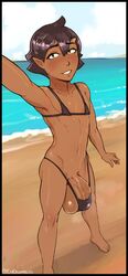 1boy beach bikini black_bikini black_hair brown_eyes bulge cheesecrumbles crossdressing dark-skinned_femboy dark-skinned_male dark_skin femboy flaccid girly huge_balls huge_cock hung_trap looking_at_viewer male male_only petite selfie sissy trap veiny_penis yaoi