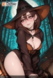ai_generated artist_name ayase_momo bare_tree basket blush branch breasts brown_eyes brown_hair choker cleavage dollmaker dollmaker_(artist) earrings female forest full_moon graveyard halloween hat hood_down jewelry looking_at_viewer medium_breasts mole moon nature night night_sky nipples outdoors patreon_logo patreon_username short_hair smile solo tagme tombstone tree underwear watermark web_address witch_hat