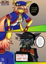 2025 2girls airiin220 annoyed_expression ass big_ass big_breasts breasts burger_king cleavage cyberairiin_(airiin220) downtown_skybox ear_piercing english_text facemask female female_only furry horse horse_race_tests lightning_strikes_thrice silly tomboy