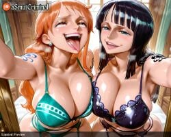 2girls ai_generated armpits asmutcriminal black_hair blue_eyes blush bra breast_press breasts breath brown_eyes cleavage collarbone curtains earrings foreshortening garter_belt garter_straps green_panties heavy_breathing indoors jewelry large_breasts lingerie lips long_hair looking_at_viewer multiple_girls nami_(one_piece) navel nico_robin one_piece open_mouth orange_hair outstretched_arm panties pov reaching_out selfie smile steam steaming_body sweat tagme tattoo thighhighs tongue tongue_out underwear underwear_only