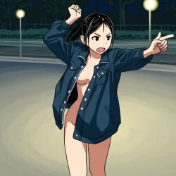 ai_generated completely_nude cute functionally_nude jacket_only mezrus night park tagme