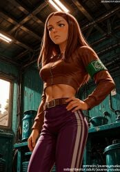 ai_generated armband bangs belt belt_buckle black_belt black_pants blush breasts brown_belt brown_hair brown_jacket buckle building closed_mouth clothing crop_top english_text female female female_only forehead freckles green_eyes hand_on_hip hand_on_own_hip indoors jacket jeans jousneystudio large_breasts laura_kinney lips long_hair long_sleeves marvel marvel_comics medium_breasts midriff navel nose original pants purple_pants shirt smile solo standing stomach thighs toned track_jacket track_pants track_suit window x-23 x-men zipper zipper_pull_tab