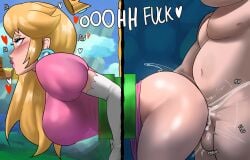 1boy 1girls ass balls blonde_hair blush bottomless breasts clothed_female_nude_male crown cum cum_in_pussy dress earrings echosaber elbow_gloves english_text fat_male fat_man female from_side fucked_silly gloves hand_on_another's_ass heart highres huge_ass human human_on_human jewelry large_breasts long_hair male mario mario_(series) nintendo nude penis pink_dress princess_peach sex sex_from_behind spoken_heart standing standing_sex straight stuck stuck_in_wall super_mario_bros. testicles text thick_thighs thighs through_wall vaginal_penetration