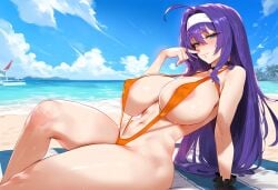 ai_generated areola areola_slip big_breasts bikini fire_emblem fire_emblem:_path_of_radiance fire_emblem:_radiant_dawn green_eyes headband light-skinned_female long_hair looking_at_viewer mia_(fire_emblem) orange_bikini purple_hair sling_bikini slingshot_swimsuit smile smiling smiling_at_viewer teasing tharkica towel wide_hips