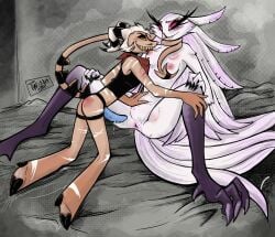 1boy 1girls 2023 2d avian avian_humanoid bedding bird bird_humanoid bite bite_mark bite_mark_on_breast bite_mark_on_leg bite_mark_on_thigh bite_marks blood blood_in_mouth blush choking choking_with_tail color demon feathers female helluva_boss hooves horns imp looking_at_another male scar scars scars_all_over sex_toy sheets spiked_tail stella_(helluva_boss) strap-on strapon striker_(helluva_boss) tail twiggietime vivienne_medrano watermark wet_sex_toy