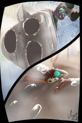 absurd_res against_surface anthro ass balls bathing butt_focus close-up digital_media_(artwork) duo erection extreme_size_difference fur genitals gooby_(belaro) hair hi_res humanoid_genitalia humanoid_penis lagomorph leporid male male/male mammal micro nude on_glass open_mouth penis poyolewdo presenting presenting_hindquarters rabbit razcal_(poyolewdo) rear_view rodent shower showering size_difference smothering soap soap_bubbles squish steam tail thick_thighs wet