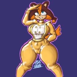 anthro badger big_breasts black_nose blue_eyes bodysuit breasts brown_body brown_fur camel_toe clothing eyelashes female front_view fur gesture hand_behind_back hi_res kukaboom mammal mustelid musteline navel_outline orange_body orange_fur purple_background salute sega simple_background skinsuit small_waist solo sonic_(series) sonic_boom sonic_the_hedgehog_(series) sticks_the_jungle_badger tan_body tan_fur thick_thighs tight_clothing wide_hips yellow_bodysuit yellow_clothing yellow_skinsuit