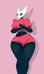 1girls anthro big_breasts black_body breasts clothing female female_only glasses hollow_knight hornet_(hollow_knight) looking_at_viewer mask nipple_bulge rodler-h8 shirt shorts solo thick_thighs wide_hips