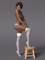 1girls 3d 3d_(artwork) 3d_model 3d_render areolae belly_button bracelet breasts brown_eyes brown_hair clementine_(the_walking_dead) dark-skinned_female dark_nipples dark_skin deletedcube3d erect_nipples female female_focus female_only garter_belt garter_straps lace lace-trimmed_thighhighs lace_panties lace_trim lingerie looking_away medium_breasts medium_hair navel nipples one_leg_up panties partially_clothed pinup pose posing simple_background slim slim_waist smile smiling stool teeth the_walking_dead the_walking_dead_game thighhighs thighs