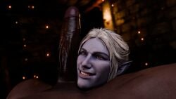 3d baldur's_gate baldur's_gate_3 big_black_cock big_dick_joy big_penis cock_worship dark-skinned_male derpderp drow elf_ears forgotten_realms interracial interspecies minthara penis_awe penis_on_cheek red_eyes smiling white_hair