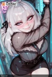 ai_generated alisa_mikhailovna_kujou bangs black_ribbon blush breasts dollmaker dollmaker_(artist) eyebrows_visible_through_hair female hair_between_eyes hair_ribbon heart heart-shaped_pupils large_breasts long_hair looking_at_viewer patreon_logo patreon_username recording ribbed_shirt ribbed_sweater ribbon silver_hair skirt smile solo sweater symbol-shaped_pupils tagme translucent_clothing