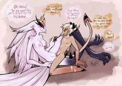 2023 2d 2girls avian avian_humanoid bird bird_humanoid blush breasts breasts_out chest_tuft color demon dialogue english english_dialogue english_text fantasizing female heart_symbol helluva_boss horns imp looking_at_another nipples pink_background scar scars scissoring spiked_tail stella_(helluva_boss) striker_(helluva_boss) tail text trans_woman transgender_woman twiggietime vaginal_penetration vaginal_sex vivienne_medrano watermark