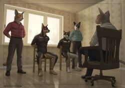 ankles_tied anthro athletic athletic_anthro athletic_male balls black_body black_fur black_nose bodily_fluids bound brown_body brown_fur canid canine canis captured dobermann domestic_cat domestic_dog felid feline felis foreskin fur gay gay_male genitals group hairless hairless_cat hands_behind_back hands_tied hi_res humanoid_genitalia instant_loss_2koma interspecies kemono male male/male mammal multicolored_body multicolored_fur muzzle_(object) muzzled nude nude_anthro nude_male penis pinscher pngx pointy_ears shadow shiba_inu sphynx_(cat) spitz sweat sweatdrop tied_to_chair uncircumcised window window_light yaoi