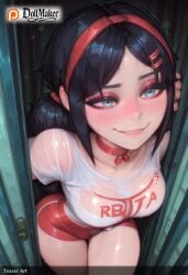 ai_generated black_hair blue_eyes blush breasts choker dollmaker dollmaker_(artist) female gym_uniform hair_ornament hairband hairclip looking_at_viewer miside mita_(miside) name_tag patreon_logo patreon_username rain red_hairband see-through shirt shorts smile solo tagme watermark web_address wet wet_clothes wet_shirt