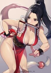 :> absurdres bare_shoulders black_hair breasts brown_eyes cleavage collarbone curvy dress fatal_fury female high_ponytail highres kagematsuri king_of_fighters large_breasts long_hair looking_to_the_side mai_shiranui mouth_hold parted_bangs pelvic_curtain ponytail red_dress revealing_clothes sash shiny_skin short_dress sidelocks solo thighs wide_hips