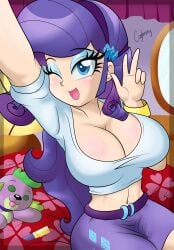 1girls 2d 2d_(artwork) 2d_artwork blue_eyes blue_eyeshadow breasts cogbrony digital_drawing_(artwork) digital_media_(artwork) eyelashes female female_only hasbro hips hourglass_figure hourglass_figured_female large_breasts light-skinned_female light_skin lipstick long_hair mirror my_little_pony my_little_pony_equestria_girls navel peace_sign plushie purple_hair purple_lipstick purple_pants rarity_(eg) rarity_(mlp) selfie short_shirt small_waist smile smiling smiling_at_viewer spike_(eg) very_long_hair wink winking winking_at_viewer