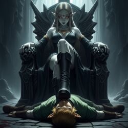 ai_generated bad_end boot_worship boots corruption defeat defeated dominant dominant_female domination evil foot_fetish foot_focus foot_on_face glowing_eyes goth goth_girl link stepped_on submissive submissive_male succubus zelda_(breath_of_the_wild)