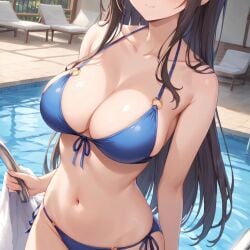 2025 ai_generated belly blue_bikini brown_hair_female closed_mouth instagram looking_at_viewer meta mouth_closed not_porn pool_background red_cheeks smile_at_viewer smiling_at_viewer ten01c tummy unknown_character