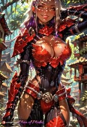 ai_generated cleavage manofmidas monster_hunter monster_hunter_wilds monster_hunter_world ninja odogaron odogaron_(armor) purple_highlights purple_makeup red_armor smile smiling white_hair yellow_eyes