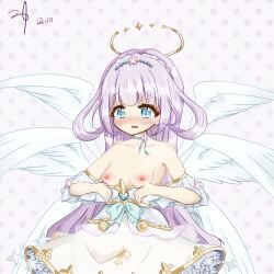 angel angel_wings blue_eyes blush buddha's_temptation_(food) dress feathered_wings female hair_between_eyes hair_ornament halo jewelry long_hair long_sleeves low_twintails maimai_(game) nipples original solo tears twintails user_zsed8443 white_dress white_wings wings yurisaki_mika_(maimai)