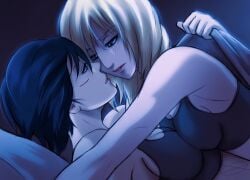 2girls ahe_gao ahoge alternate_version_available annie_leonhardt arm_support asian asian_female attack_on_titan bed bed_sheet black_hair black_hair_female blonde_female blonde_hair blonde_hair_female blue_eyes blush bra breast_press breasts female female/female female_only grey_eyes highres indoors lesbian lesbians long_hair looking_at_another looking_down lying mikannie mikasa_ackerman missionary_position moonlight multiple_girls okonomiyaky on_bed scar shingeki_no_kyojin short_hair sports_bra tagme yuri