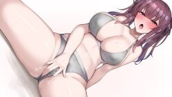 bare_arms blue_eyes bra breasts brown_hair cevio cleavage collarbone dutch_angle female female_masturbation fingering fingering_through_clothes grey_bra grey_panties hair_ribbon highres kutan large_breasts long_hair looking_at_viewer masturbation mole mole_under_eye natsuki_karin navel open_mouth panties pussy_juice ribbon saliva sidelocks simple_background sitting solo spread_legs thighs through_clothes underwear underwear_only voiceroid white_background