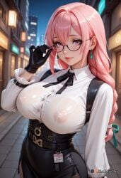 2025 adjusting_eyewear ai_generated bangs belt black_gloves black_skirt blush braid braided_ponytail breasts collared_shirt covered_nipples dress_shirt earrings female female female_focus glasses gloves hair_intakes high-waist_skirt hoyoverse id_card jewelry large_breasts long_hair long_sleeves looking_at_viewer mihoyo night nipples nsfw outdoors pantyhose parted_lips pink_eyes pink_hair ribbon rognezart see-through shirt skirt solo tsukishiro_yanagi white_shirt zenless_zone_zero