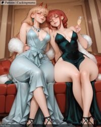 2girls ai_generated alcohol bangs bare_shoulders black_dress blonde_hair blue_dress breasts brown_hair chainsaw_man champagne_flute cleavage closed_eyes couch crossed_legs cuckingmama cup dress drinking_glass drunk earrings facial_mark feather_boa female fur fur-trimmed_cape fur-trimmed_jacket fur-trimmed_sleeves fur_coat fur_collar fur_scarf fur_trim glass green_dress high_heels holding_cup hoop_earrings indoors jewelry large_breasts light_brown_hair lipstick long_hair makeup makima_(chainsaw_man) medium_breasts mole multiple_girls nail_polish necklace pearl_necklace power_(chainsaw_man) red_hair red_nails sitting smile strappy_heels tagme toeless_footwear wine wine_glass