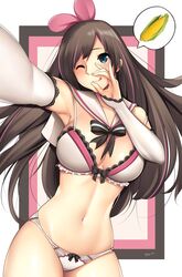 1girls bikini blue_eyes brown_hair female female_only kizuna_ai kizuna_ai_inc. licking_lips long_hair selfie sexually_suggestive simple_background solo tony_guisado virtual_youtuber