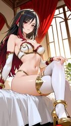 ai_generated anklet bedroom golden_high_heels hair_ornament high_heels katarina_du_couteau katresu multicolored_hair sarcasm sleeve strapless_bra thighhighs warring_kingdoms_katarina white_thighhighs