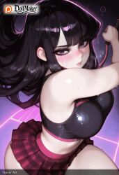 ai_generated bangs black_hair blush breasts dollmaker dollmaker_(artist) female komi-san_wa_komyushou_desu komi_shouko large_breasts long_hair looking_at_viewer patreon_username pleated_skirt purple_eyes skirt solo split sweat watermark web_address