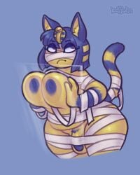 2024 against_surface animal_crossing ankha_(animal_crossing) anthro bandages_only blue_hair breasts breasts_on_glass digital_media_(artwork) domestic_cat felid feline felis ftg_crossgender fti_crossgender genitals gynomorph hair hand_on_breast intersex keffotin looking_up mammal nintendo nipples on_glass penis rule_63 simple_background solo tail trans_(lore) trans_woman_(lore) yellow_body