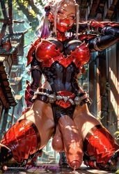 ai_generated balls cleavage erect_penis erection futa_only futanari manofmidas mask masked_female monster_hunter monster_hunter_wilds monster_hunter_world ninja odogaron odogaron_(armor) penis penis_focus precum purple_highlights purple_makeup red_armor white_hair yellow_eyes