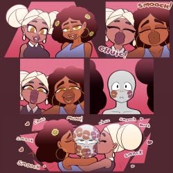 1boy 2d 2d_(artwork) 2d_artwork 2girls afro arms_around_partner bedroom_eyes big_lips black_hair blonde_hair blush closed_eyes comic comic_panel dark-skinned_female dark_skin digital_drawing_(artwork) digital_media_(artwork) ear_accessory earrings excited excited_female eyelashes female flower flower_in_hair grey_body grey_skin happy happy_female human human_female kiss_mark kissable_lips kissing lips lipstick lipstick_mark male mk210 mwah panels pleasure_face puckered_lips smile smiling smooch wholesome yellow_eyes