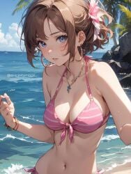 2025 ai_generated beach_background belly blue_collar blue_eyes_female brown_eyebrows brown_hair_female closed_mouth flower_in_hair instagram meta mouth_closed not_porn orange_cheeks pink_bikini pink_earrings red_bracelet sky_background tummy unknown_artist unknown_character