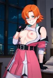 1girls ai_generated aqua_eyes areolae breasts exposed_breasts female female_only flashing flashing_breasts nipples nora_valkyrie orange_hair rwby short_hair smile solo solo_female
