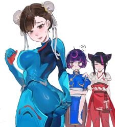 3girls absurdres ass black_hair blue_bodysuit bodysuit breasts brown_eyes brown_hair capcom chun-li chun-li_(cosplay) chun-li_juno clothes_swap colored_bangs cosplay costume_switch crossover eastern_and_western_character female highres huge_ass juno_(overwatch) juno_(overwatch)_(cosplay) juri_han kiriko_(overwatch)_(cosplay) large_breasts multicolored_hair multiple_girls overwatch overwatch_2 pink_eyes purple_eyes purple_hair street_fighter street_fighter_6 usio_0w0