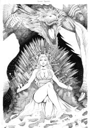 1girls 2017 a_song_of_ice_and_fire ass big_breasts breasts cleavage crossed_legs daenerys_targaryen dragon dyegojack female game_of_thrones hair_ornament house_targaryen iron_throne long_hair monster sitting sitting_on_throne skimpy skimpy_clothes sword swords talons throne traditional_media_(artwork) valyrian wavy_hair wings