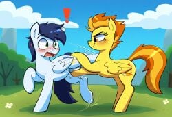 1boy 1girls ai_generated all_fours ballbusting balls blush brown_eyes cbt cock_and_balls_torture cutie_mark female femdom friendship_is_magic green_eyes hasbro male malesub my_little_pony open_mouth pegasus pony prompter:nuttyhoof shocked smile soarin_(mlp) spitfire_(mlp) surprised tail wings