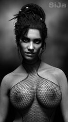 1girls 3d cyberpunk_2077 fishnet_topwear monochrome panam_palmer sija_art solo upper_body
