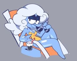 1girls beach_chair bikini cup deltarune deltarune_chapter_3 drink drinking_glass elnina_(deltarune) female female_focus female_only fluffy fluffy_hair freckles freckles_on_chest glasses hair legs looking_at_viewer solo solo_female solo_focus straw swimsuit tornad0tommy white_hair