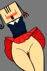 armless barcelona barcelona92 barcelona_1992 blush clothing_lift female female_focus female_only handless looking_at_viewer mascot olympic_mascot olympics petra_(barcelona92) pussy skirt skirt_lift solo solo_female standing