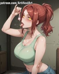 1girls ai_generated artifical_art big_breasts blue_pants blush condom cum_in_condom cum_in_mouth cum_on_tongue drinking_cum enen_no_shouboutai fire_force jeans licking_cum light-skinned_female light_skin lisa_isaribi long_hair open_mouth orange_eyes perfect_body ponytail red_hair solo tied_hair tongue_out torn_pants used_condom voluptuous_female