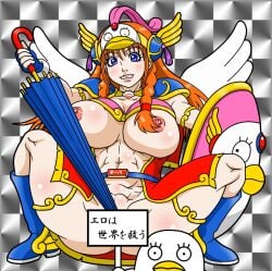 alternate_costume armor big_breasts bikkuriman blue_eyes braid braided_hair breasts_out bun_cover censored double_bun elizabeth_(gintama) female female_only full_body gintama grin headgear headwear kagura_(gintama) long_hair orange_hair smile spread_legs twin_braids umbrella