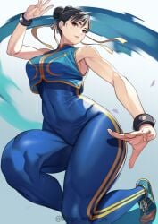 1girls absurdres artist_name bare_shoulders blue_unitard bodysuit bracelet breasts brown_eyes brown_hair capcom chun-li closed_mouth commentary_request covered_navel cropped_vest female fighting_stance fingernails gold_trim hair_bun highres jewelry kagematsuri light_smile lips looking_at_viewer medium_breasts shoes simple_background skin_tight sleeveless sneakers solo street_fighter street_fighter_zero_(series) unitard vest