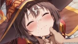 1girls ai_generated amoraart blush close_up closed_eyes collar cum_drip cum_drool cum_on_face detailed_skin face_grab female hand_on_chin hat_only kono_subarashii_sekai_ni_shukufuku_wo! megumin