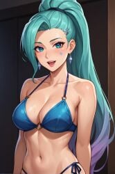 ai_generated aqua_hair bikini blue_bikini blue_eyes blush breasts cleavage collarbone cowboy_shot earrings facial_mark female jewelry long_hair medium_breasts navel o-ring o-ring_bikini o-ring_top open_mouth ponytail side-tie_bikini smile solo stomach swimsuit tattoo very_long_hair