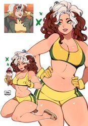 1girls anna_marie brown_hair cleavage gloves green_eyes hands_on_hips ice_cream kamii_momoru large_breasts marvel marvel_comics multicolored_hair rogue_(x-men) sports_bra sports_shorts white_hair x-men